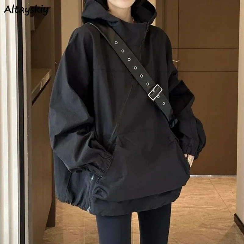 Women's Vintage Hooded Jacket with Diagonal Zipper - Baggy Autumn Outdoor Coat for Ladies