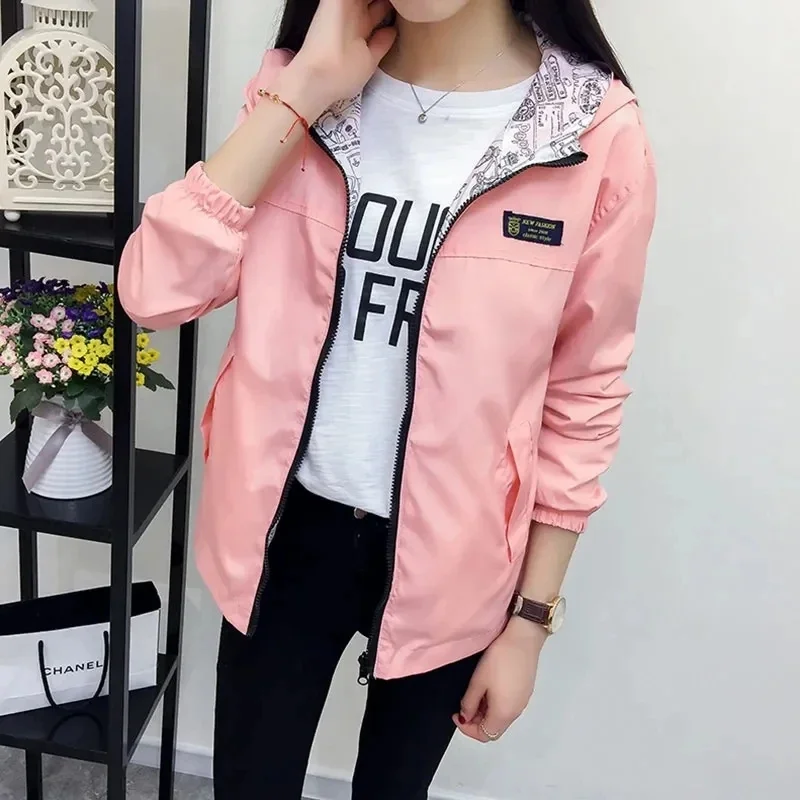 Women's Double-Sided Hooded Trench Coat Windbreaker Jacket Spring Autumn Outerwear Plus Size