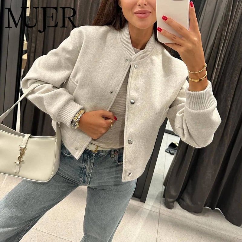Women's Cropped Bomber Jacket - Tweed Short Coat Long Sleeve Fashion Outerwear Black Beige
