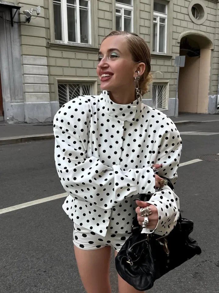 Women's Polka Dot Stand Collar Jacket - Long Sleeve Patchwork Slim Fit Coat Outerwear