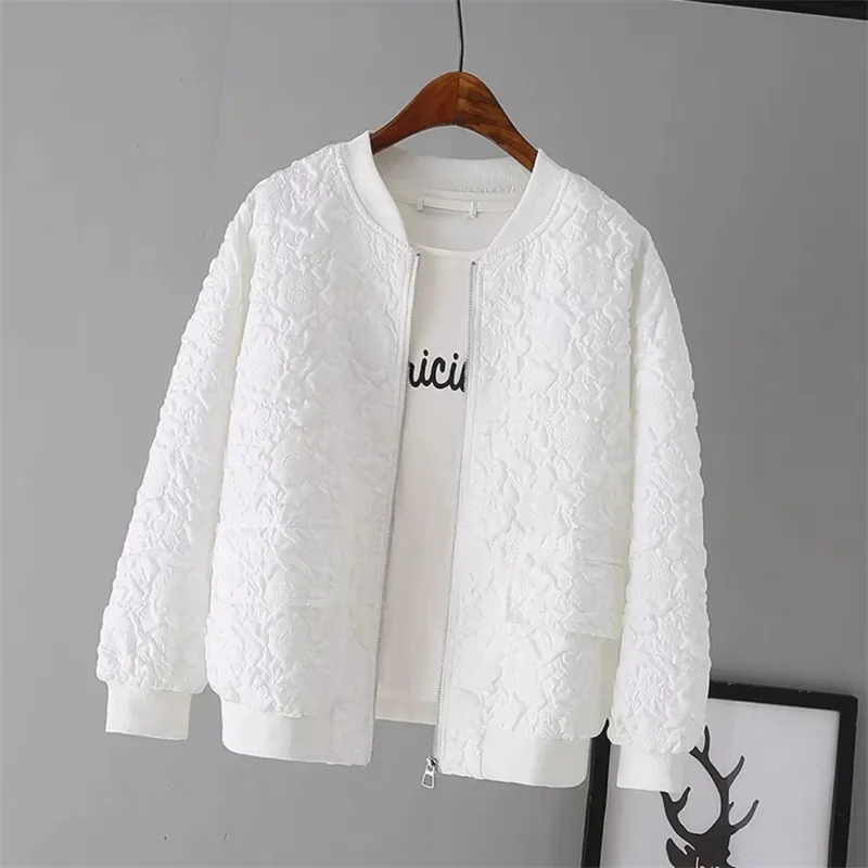 Women's Short Baseball Jacket White Casual Spring Cardigan with Zipper - Korean Style Fashion Top