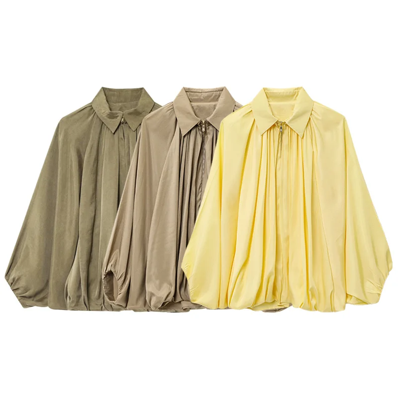 Women's Satin Baseball Jacket - Lightweight Spring Casual Pleated Zipper Long Sleeve Outerwear