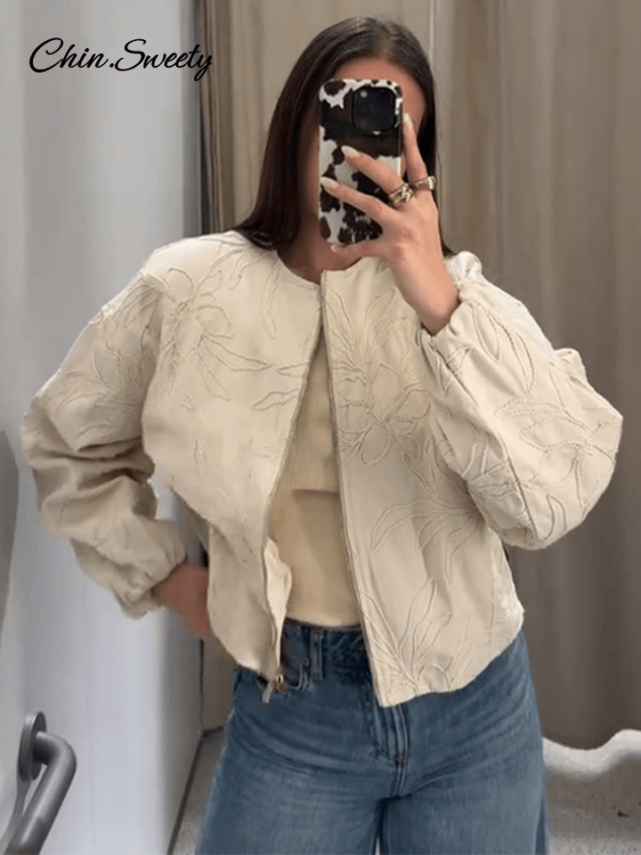 Women's Embroidered Bomber Jacket Casual Zipper Short Coat Long Sleeve Spring Fall Outerwear
