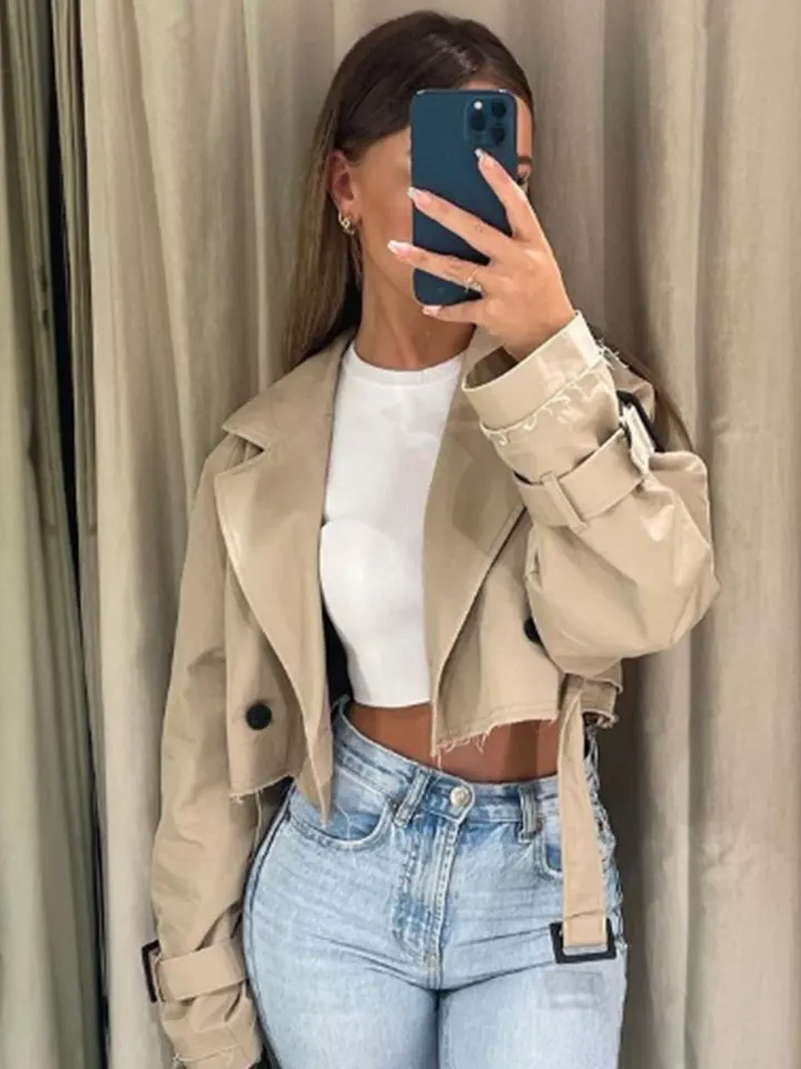 Women's Double Breasted Trench Coat Jacket Vintage Cropped Belt Spring Outerwear Long Sleeve