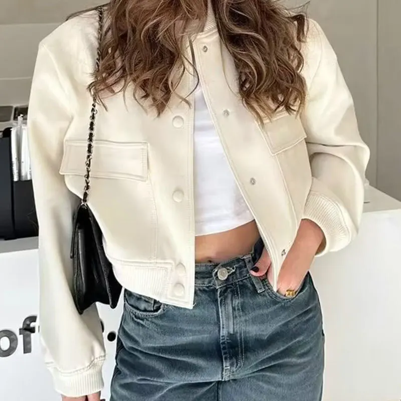 Women's Long Sleeve Bomber Jacket Vintage Zipper Loose Fit Casual Coat Fashion Outerwear