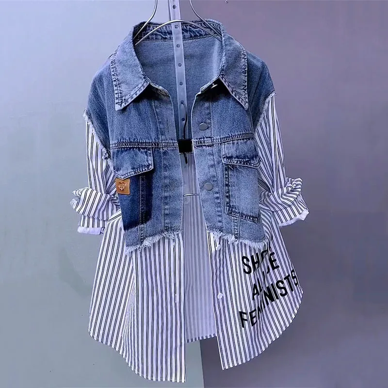 Women's Casual Denim Jacket Spring Autumn Splicing Jean Coat Windbreaker Top