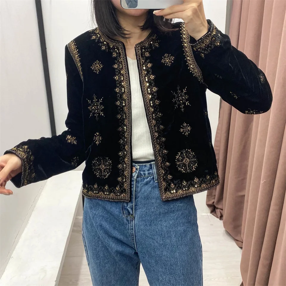 Women's Embroidered Velvet Coat Slim Fit Fashion Spring Summer Trendy Jacket Palace Style