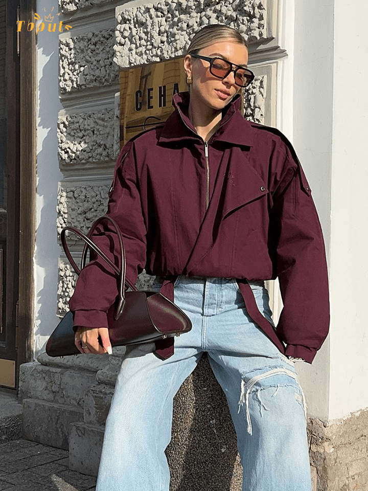 Dámská vínová bomber bunda - zip, stojáček, volný střih, krátký kabát s kapsami