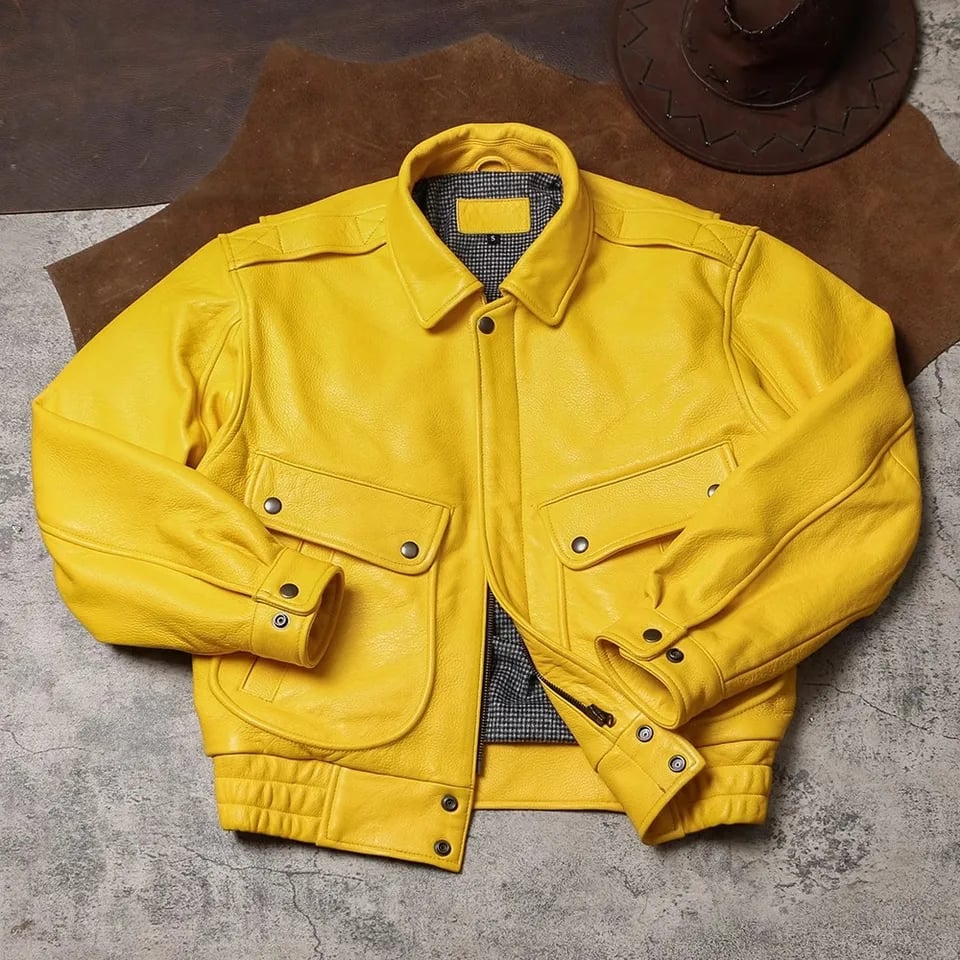 Pánská žlutá měkká kožená bunda z umělé kůže, krátká, jarní a podzimní, s odkládacím límcem, v cool a elegantním stylu