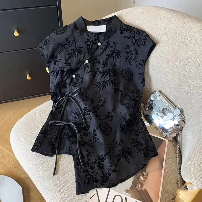 Dámský černý žakárový top Cheongsam - letní košile s krátkým rukávem v retro čínském stylu