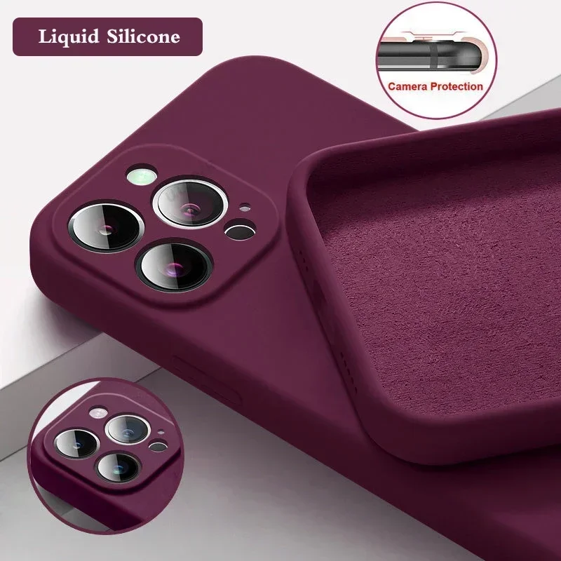 Silikonový kryt pro iPhone 16 15 14 13 12 11 Pro Max, ochranný kryt proti pádu, jednobarevný