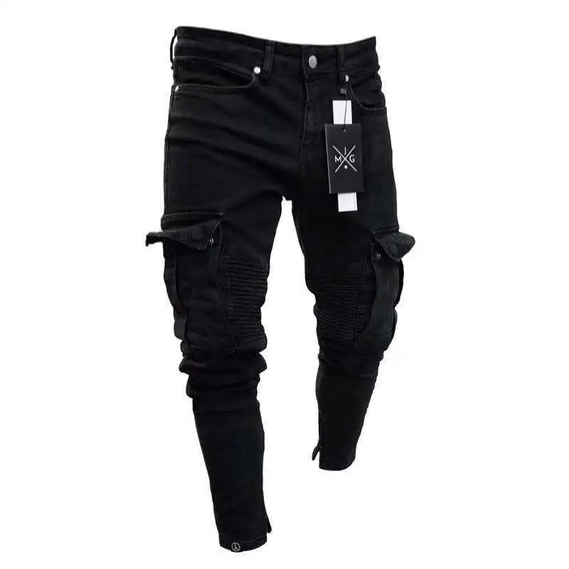 Pánské slim džíny trhané černé elastické kalhoty s kapsami skinny fit
