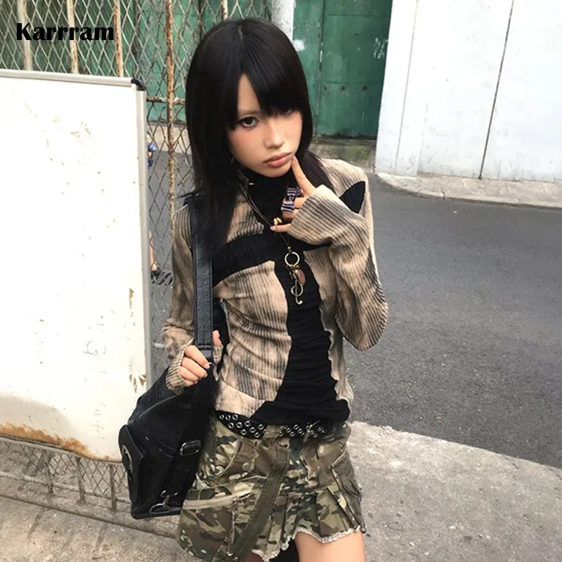 Japonský Y2K žebrovaný vintage top s dlouhým rukávem grunge harajuku tričko 2000s
