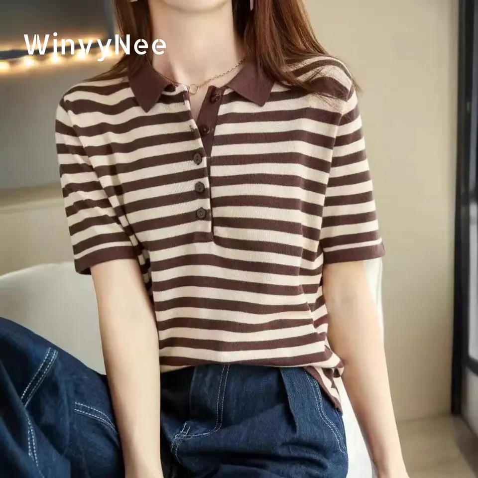 Dámské bavlněné polo tričko pruhované s krátkým rukávem letní casual top