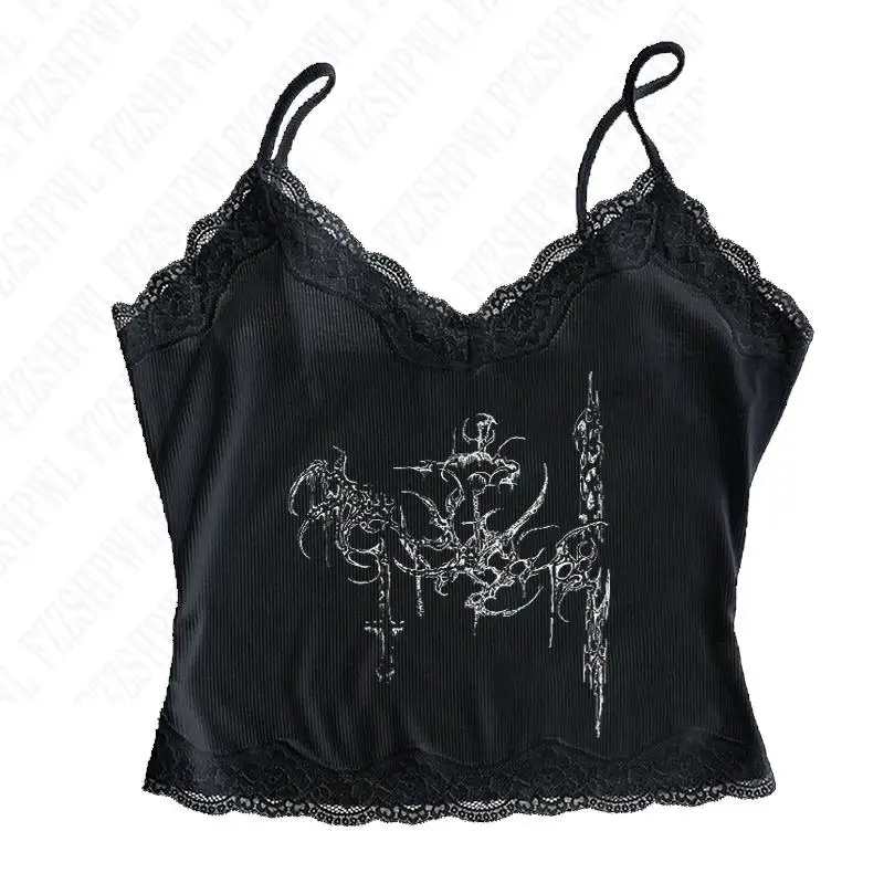 Dámský Gothic Crop Top s Krajkou - Y2K Harajuku Tílko Punk Styl Halter Topy