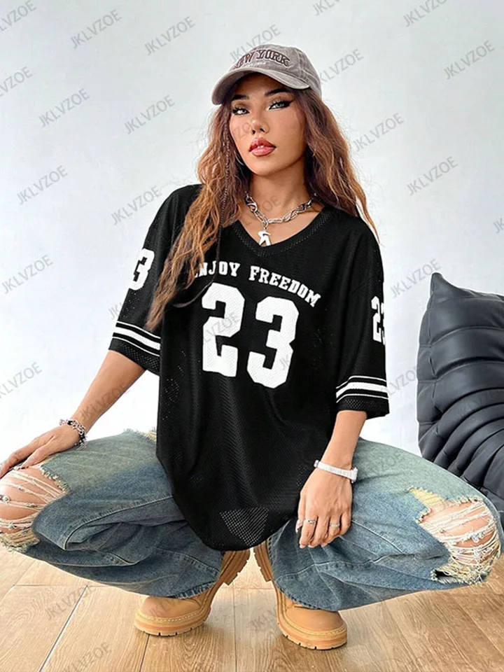 Dámské černé tričko s V výstřihem krátký rukáv oversized sportovní top letní