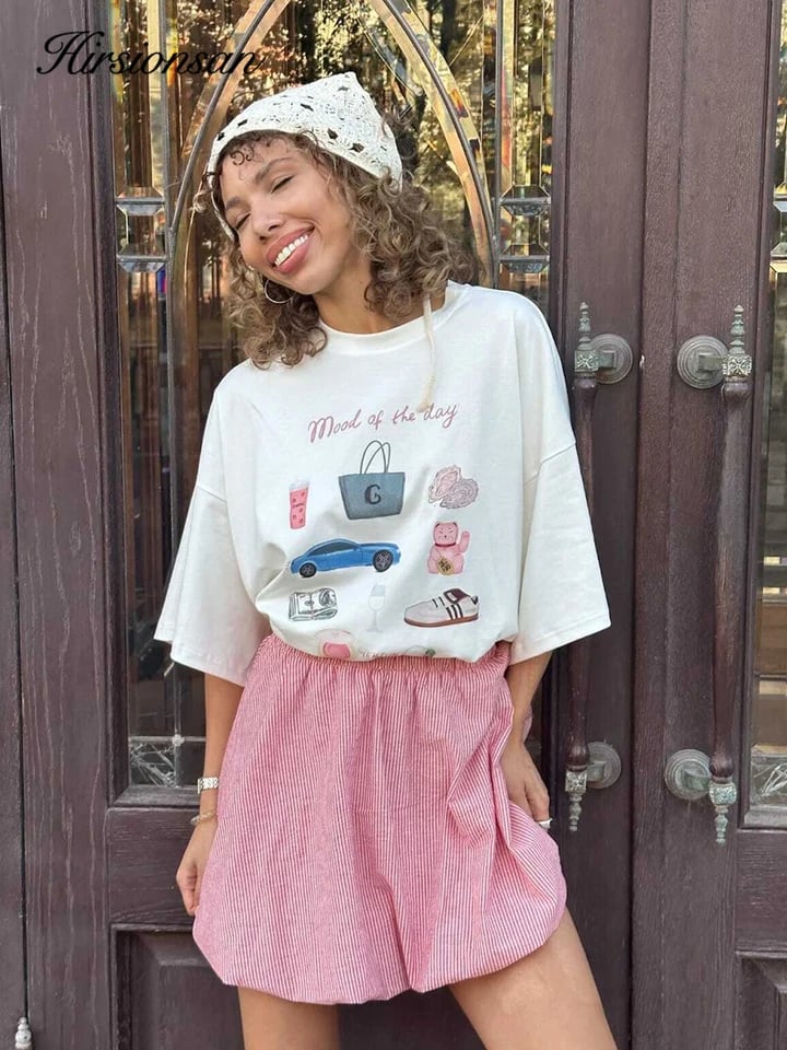 Dámské vintage tričko s potiskem oversized bavlna krátký rukáv letní top