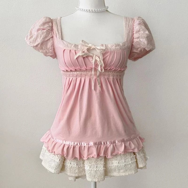 Dámské vintage tričko s krajkou Y2K styl čtvercový výstřih krátký rukáv crop top
