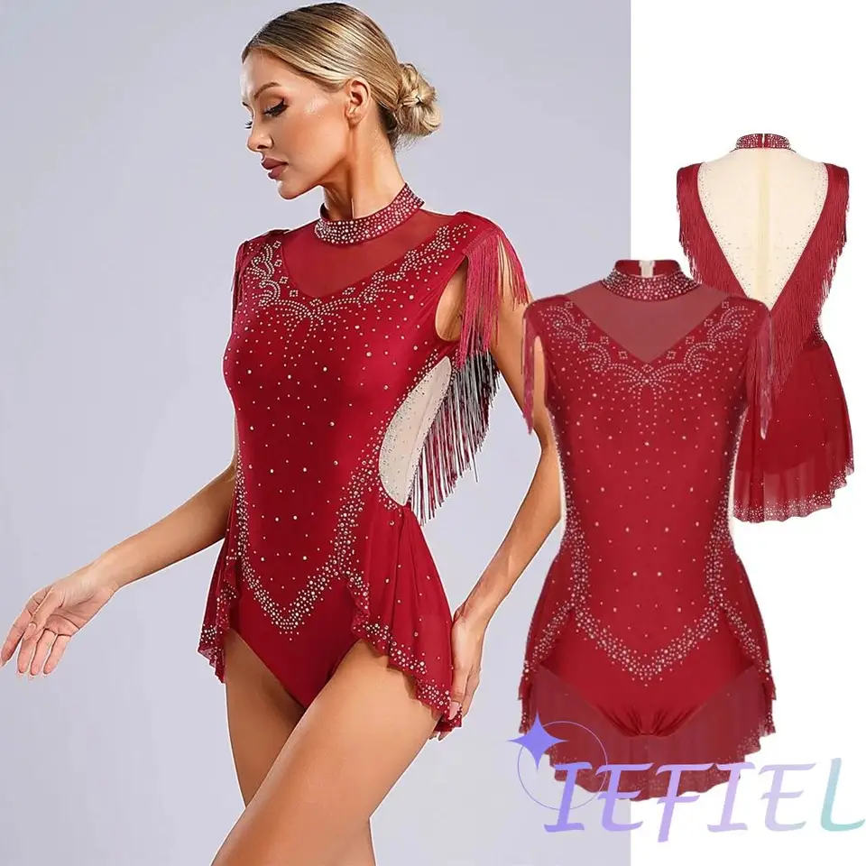 Dámský třpytivý gymnastický dres s třásněmi pro balet, krasobruslení a tanec
