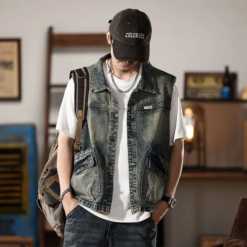 Pánská volnočasová džínová vesta retro styl podzimní módní vrstvení slim fit