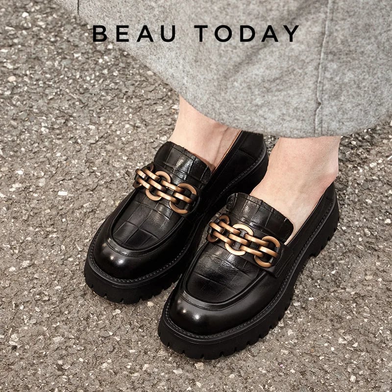 Dámské kožené loafers z telecí kůže kulatá špička slip on platforma ručně vyrobené