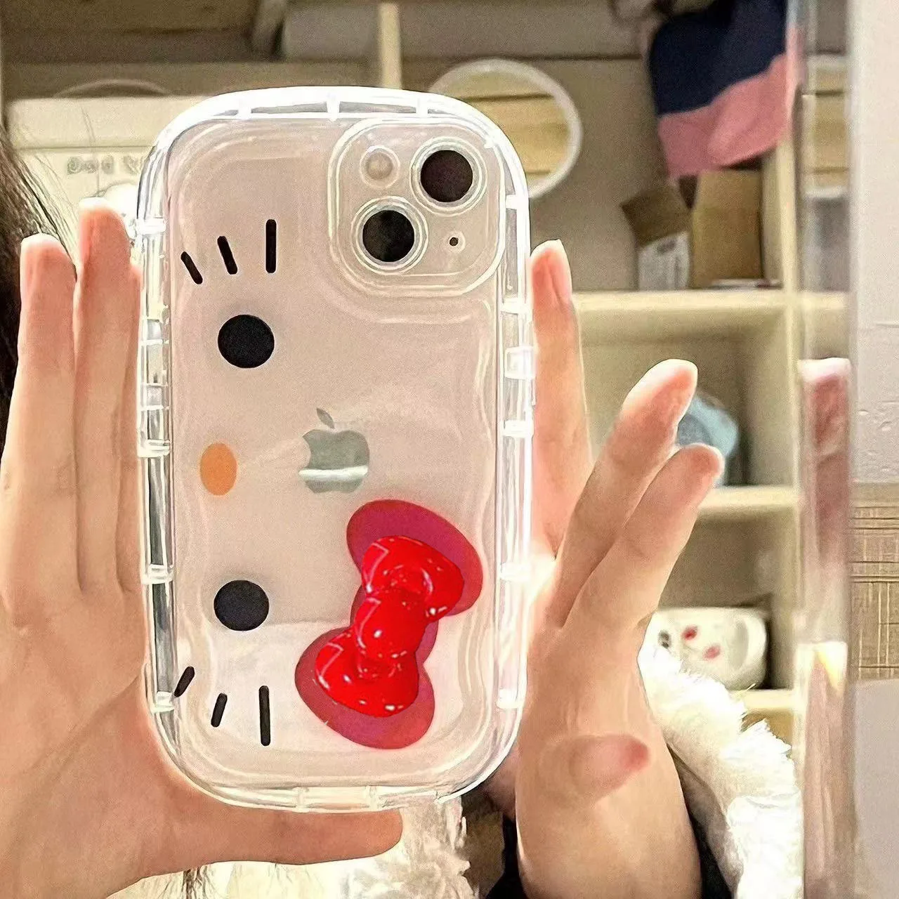 Pouzdro s motivem Hello Kitty s červenou mašlí a tlustým popruhem pro iPhone 16 14 12 13 11 15 Pro Max XR XS MAX 7 8Plus MINI Y2K Girl Kawaii Cover