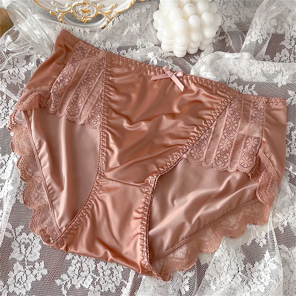 M-XXXL Velké dámské sexy patchworkové volánky s krajkou a saténovým spodním prádlem, prodyšné, hedvábné bezešvé kalhotky s středním pasem, tenké dámské kalhotky