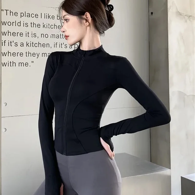 Rychleschnoucí fitness bunda se stojáčkem pro ženy, slim-fit, zip, jóga, dlouhý rukáv, prodyšný běžecký sportovní cyklistický top