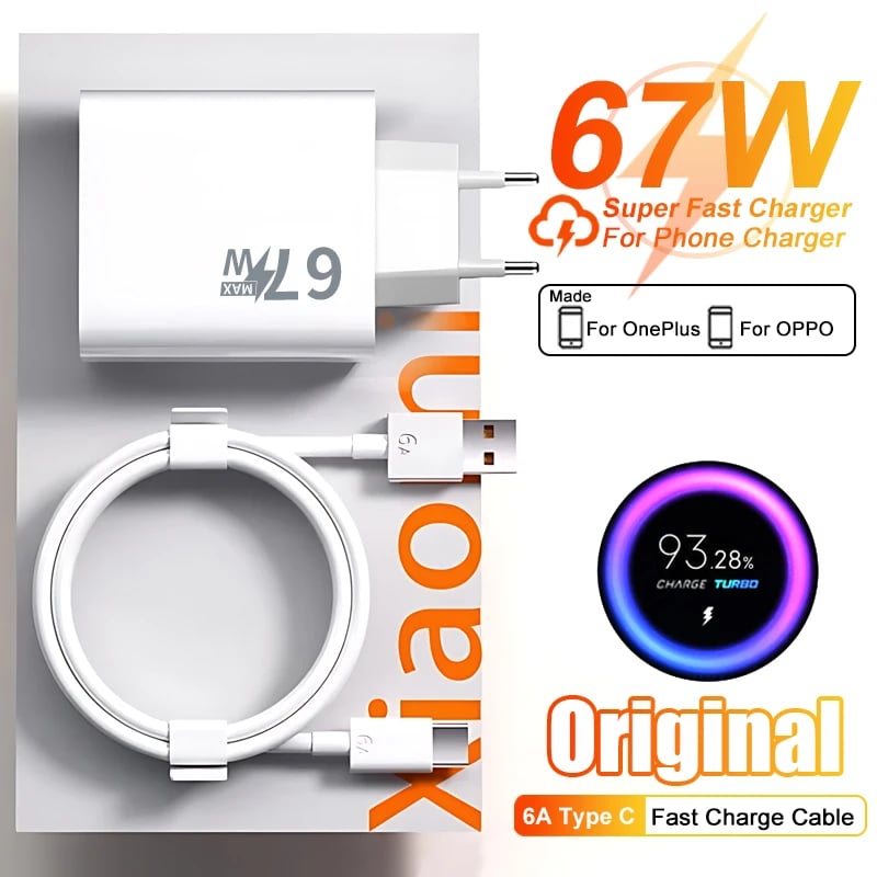 Originální 67W nabíječka s rychlonabíjecím kabelem EU/USA s USB-C pro Xiaomi Redmi, POCO, ONEPLUS, OPPO, VIVO, SAMSUNG