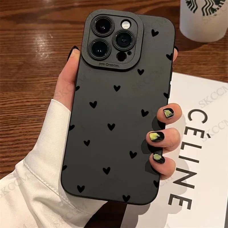 Černý silikonový kryt s motivem srdce pro iPhone 17 16 15 14 11 Pro Max 12 13 Mini XS XR X 8 7 Plus nárazuvzdorný měkký silikonový nárazník