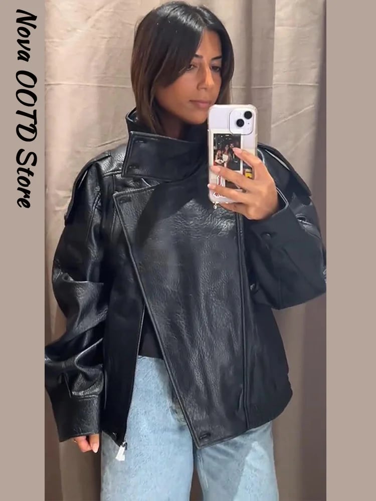 Stojáček límec krátká kožená bunda dámská jednořadá s dlouhým rukávem a klopou na zip, kabát, podzim 2025, elegantní dámské svrchní oblečení