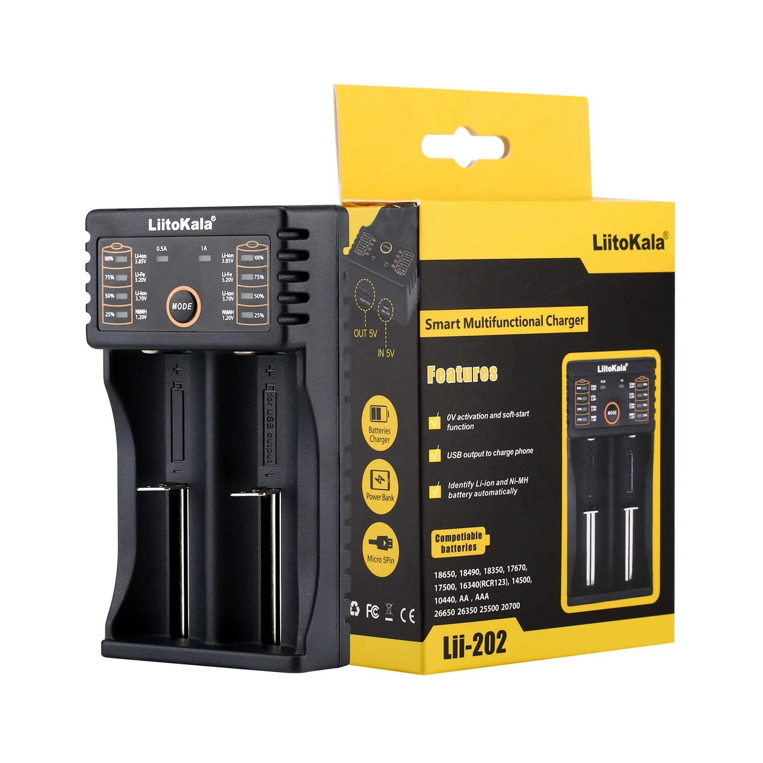 Univerzální chytrá nabíječka Liitokala Lii-202 Lii-402 | pro Li-ion 18650 21700 | 3,2 V/3,7 V/3,85 V | Výstup 5 V 2 A s USB-C
