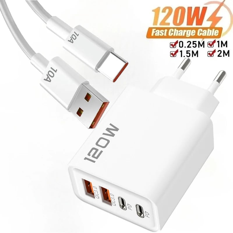120W 4portová nabíječka USB typu C 10A rychlonabíjecí datový kabel USB nabíječka telefonu PD adaptér pro Samsung iPhone Xiaomi nástěnná nabíječka
