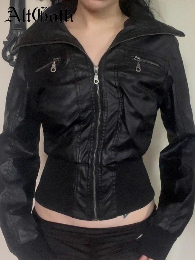 AltGoth Amercian Vintage Pu kožená bunda pro ženy Streetwear Harajuku Grunge Emo Alternativní Grunge Zip Casual Kabáty Dámské