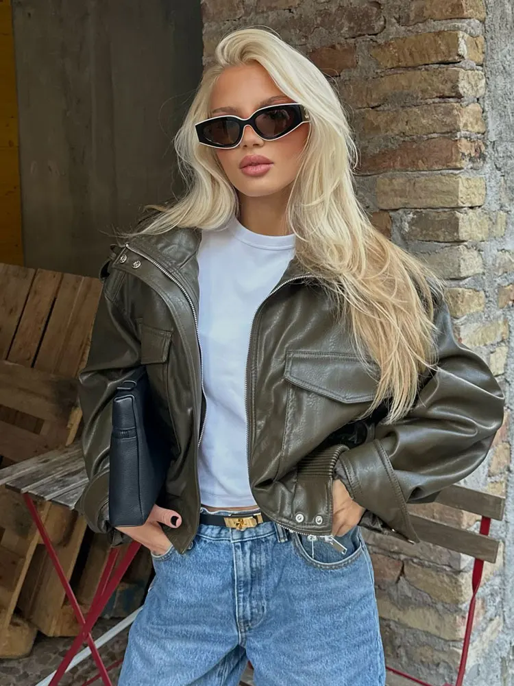 Dámské podzimní vintage z umělé kůže, zkrácené bomber bundy s dlouhým rukávem, zipem a kapsami, rolák, pouliční módní kabáty