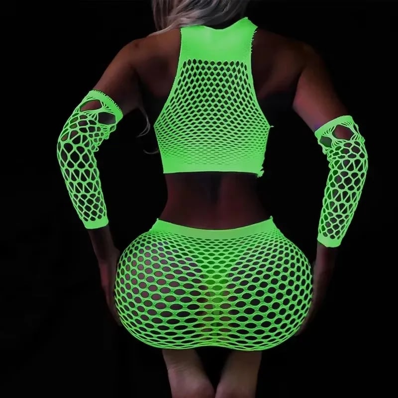 Rybářská síť, průhledná dámská sexy dvoudílná sada, fluorescenční body s otevřeným rozkrokem, Dacne Party Club, světelné erotické oblečení