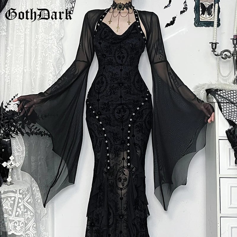 Goth Dark Mall Gothic Mesh See Through Crop Shrung Tops Dámské elegantní kabát Techwear Y2K Grunge Netopýří rukávy Opalovací krém Halenka