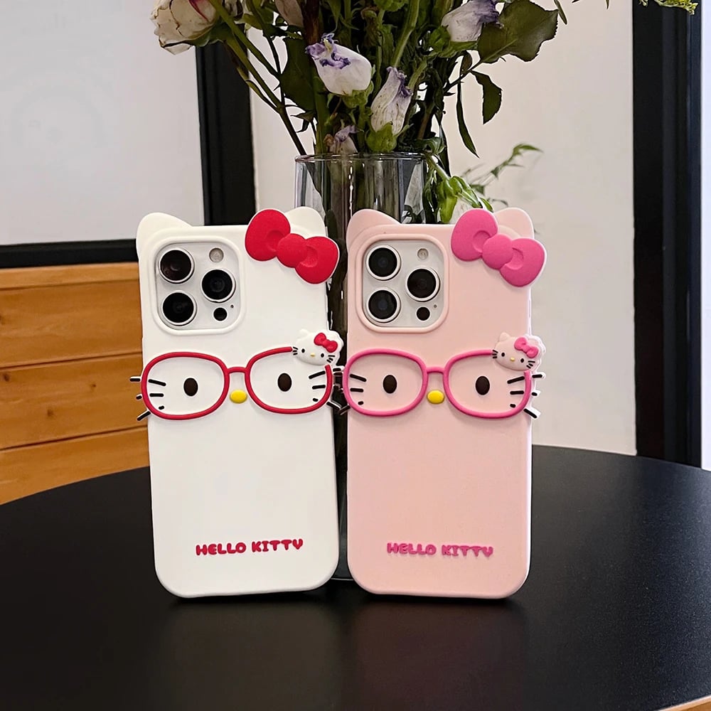 Silikonové pouzdro s 3D kreslenými brýlemi Hello Kitty pro iPhone 11 12 13 Mini 14 15 16 17 Pro X XS Max 7 8 6 6S Plus XR 4 4S 5 5S