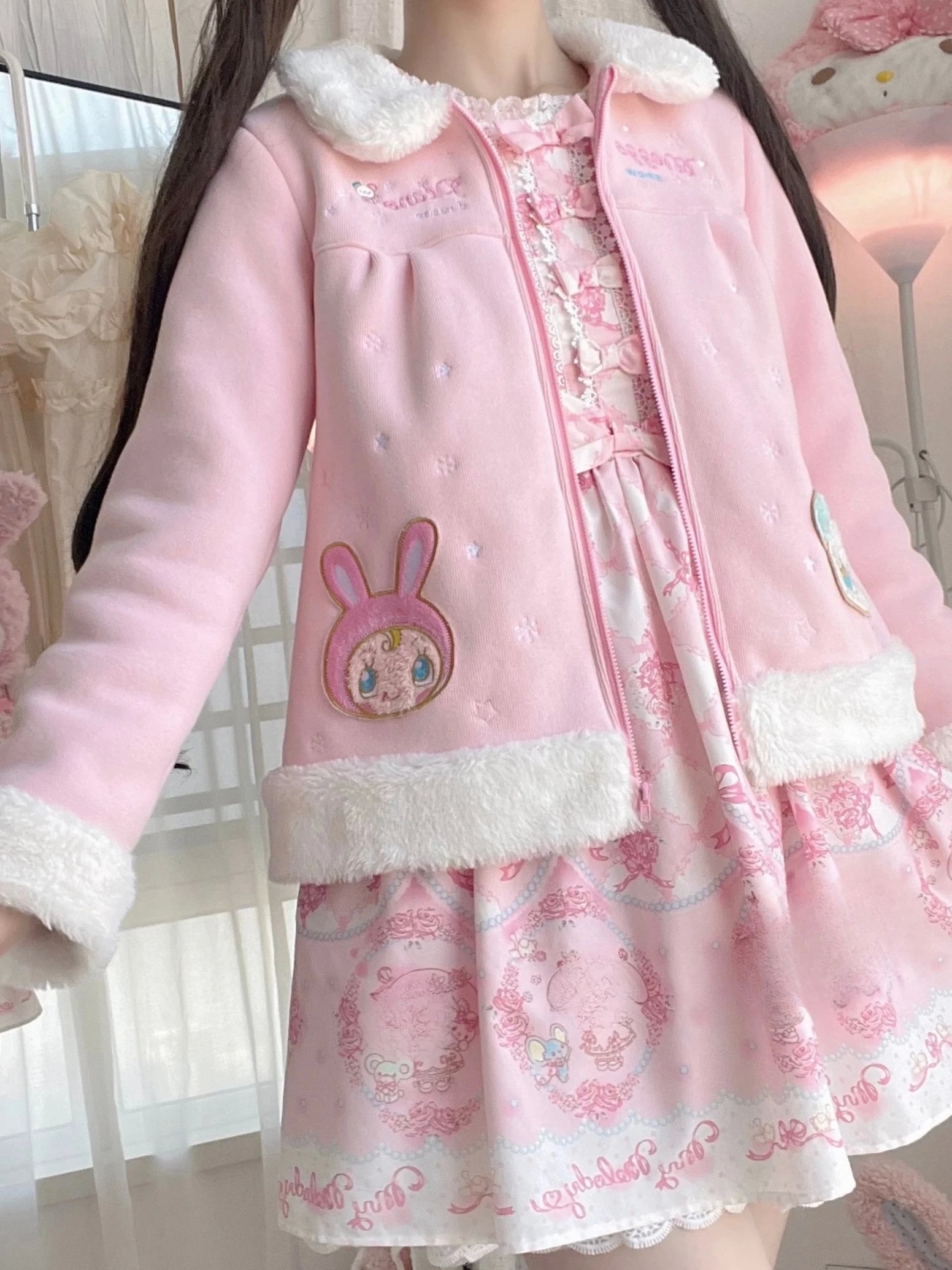 2025 Japonský kawaii kreslený vyšívaný kabát Dámská kožešinová patchworková podzimní roztomilá bunda Y2k estetická dívčí zip