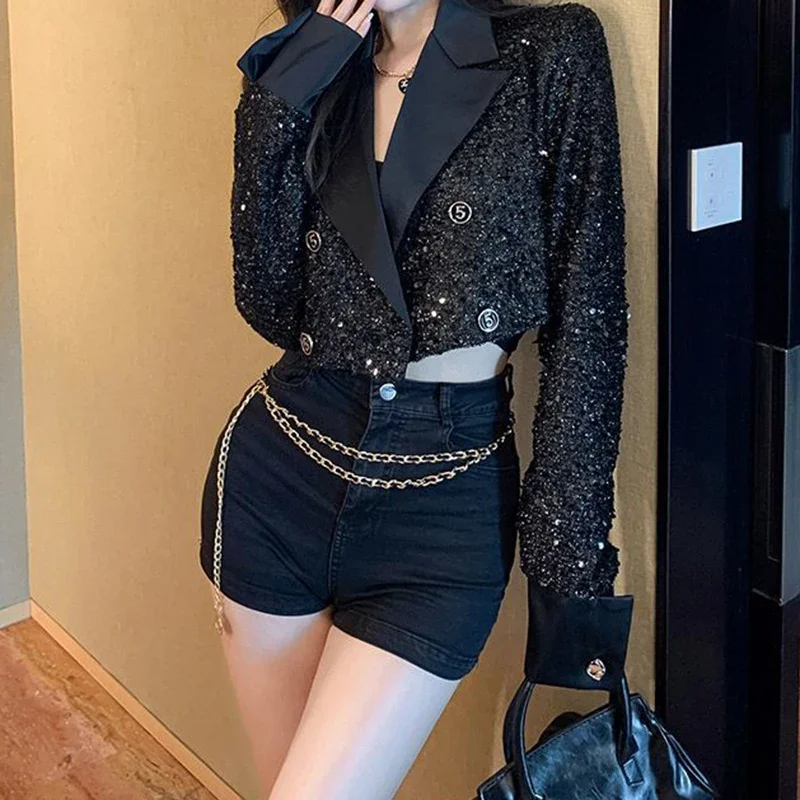 Korejská verze černého flitrovaného kardiganu s dlouhým rukávem, dámského podzimního a zimního střihu, nového módního ležérního topu.