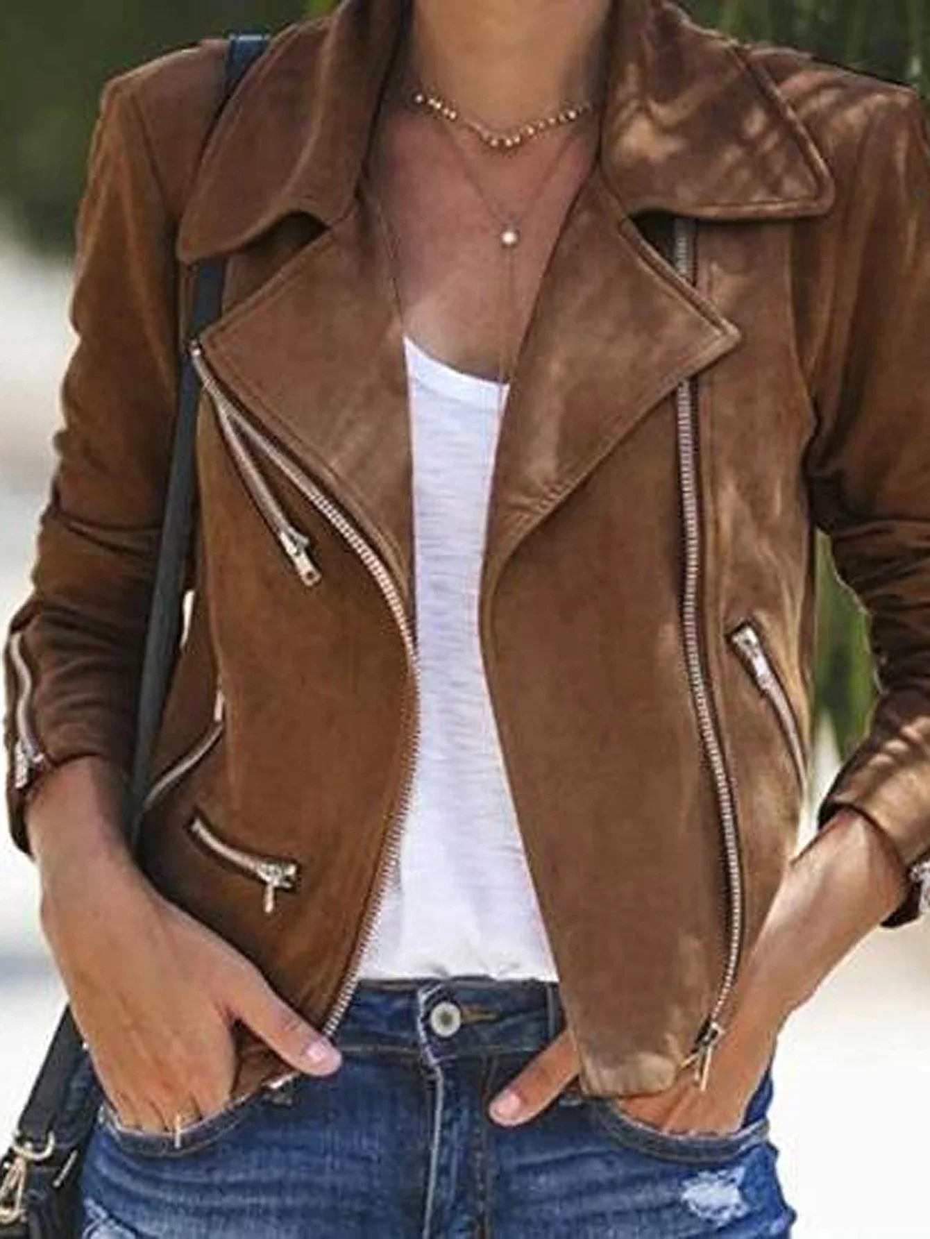 Dámská lehká bunda s dlouhým rukávem, streetwear, módní podzimní, jednobarevná, úzký střih, zipy, kapsy, klopa