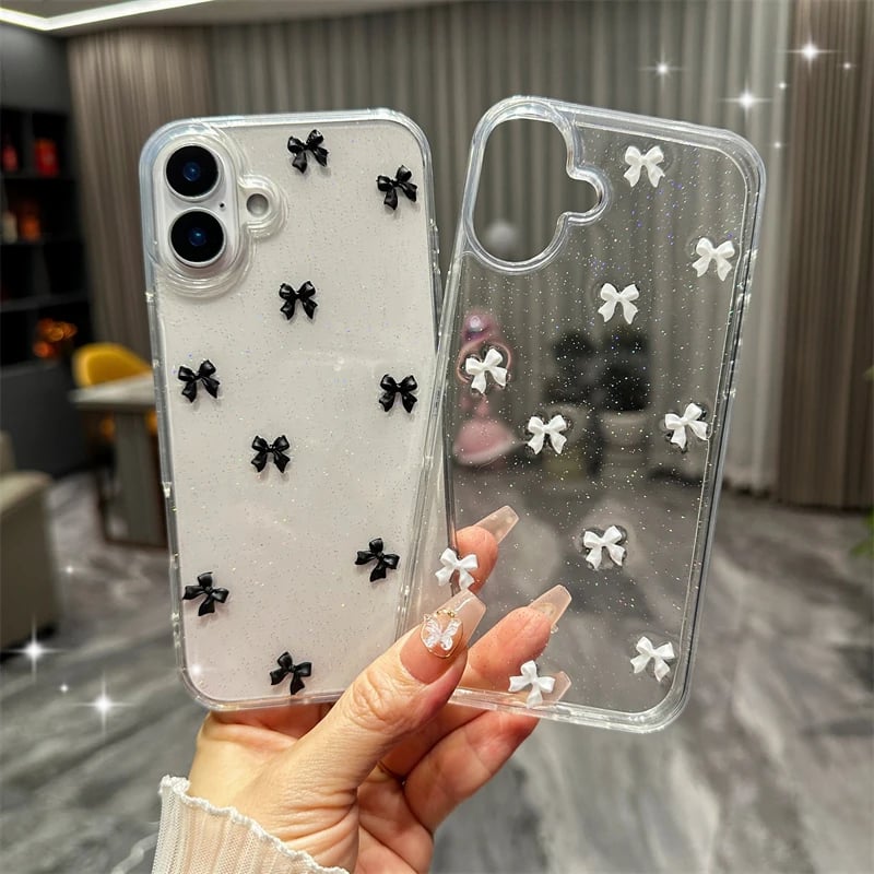 Roztomilý 3D mašle s třpytkami na telefon pro iPhone 16 15 14 13 12 11 Pro Max Plus MiNi 2025 korejská dívka měkký kryt epoxidový průhledný plášť