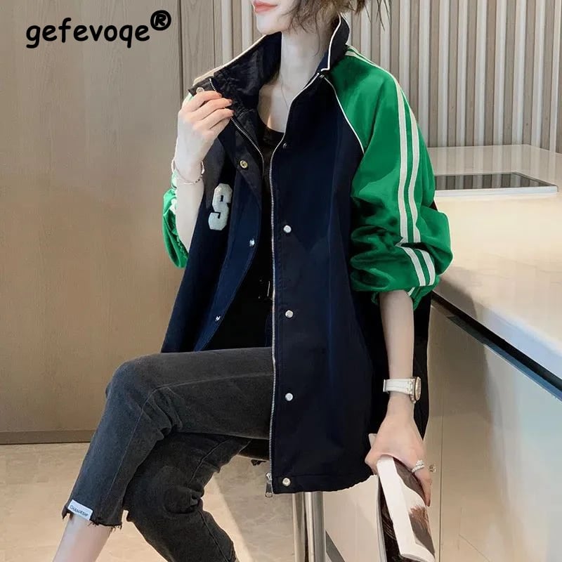 Jarní podzimní nové dámské trendy kontrastní barevné patchworkové nadrozměrné bundy na zip, ležérní streetwear kabáty s dlouhým rukávem Y2K