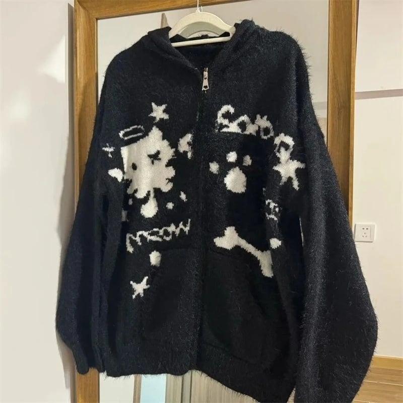 Y2k Harajuku Gothic Dámské pletené kardigany s kapucí na zip Patchwork Japonské módní svetry Slim Gyaru Grunge Podzimní