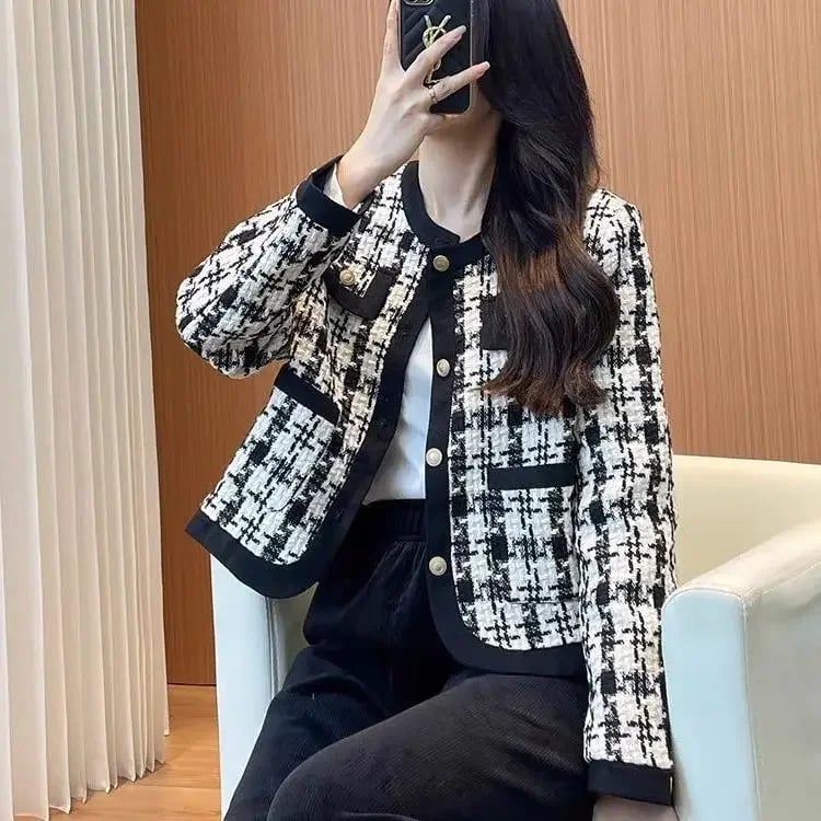 Podzimní zimní kostkovaná krátká dámská bunda, korejská ležérní elegance, styl bohyně, malá vůně, větruodolné svrchní oblečení bez rukávů, volný střih
