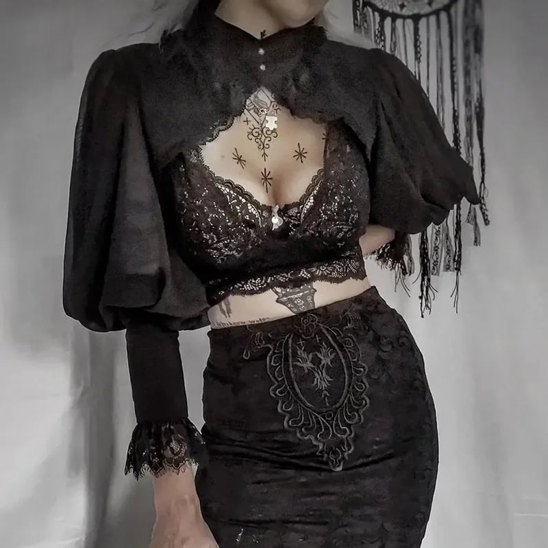 Krajková gotická černá krátká steampunk bunda Kawaii Vintage nádherná palácová halenka ženy párty bolero viktoriánský kabát korzet