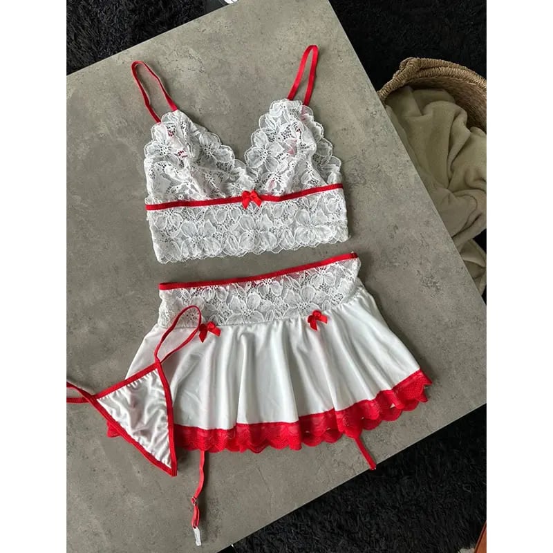Sexy spodní prádlo Temptation Cosplay Uniform Průhledná podprsenka a kalhotky Podvazkový set Šaty Kostýmy Noční košile Tanga