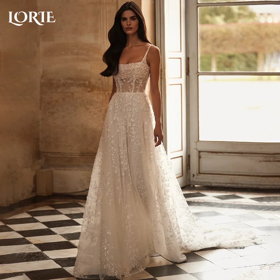 LORIE Sexy lesklé třpytivé svatební šaty áčkové ramínka s třpytivými ramínky a srdíčkem na míru princeznovské svatební šaty bez rukávů