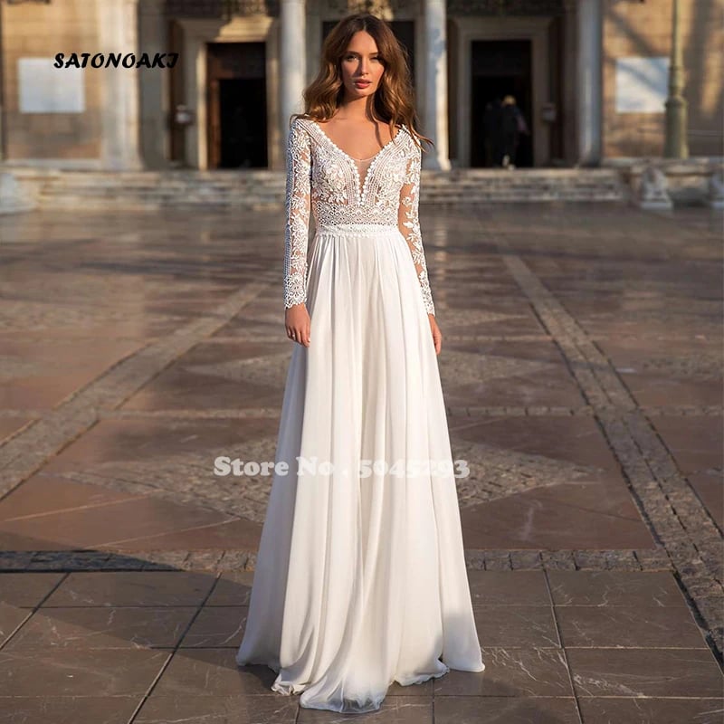 Elegantní boho svatební šaty s výstřihem do V, krajkou a šifonem pro nevěstu, áčkové šaty s aplikacemi, plážové párty, svatební šaty...