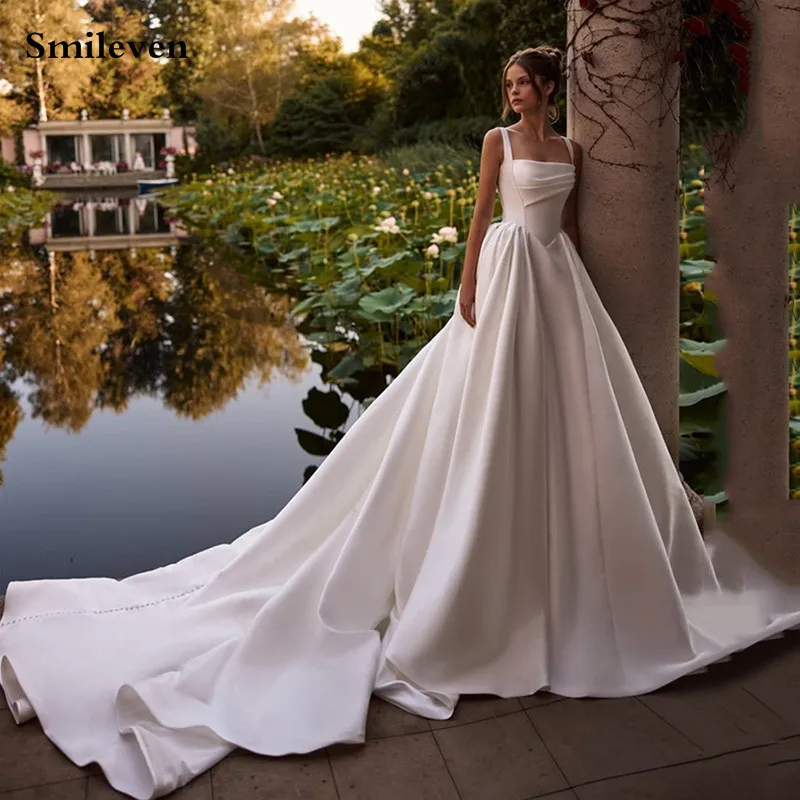 Smileven saténové svatební šaty s áčkovým výstřihem a lodičkovým výstřihem, princeznovské vestido de novia, svatební šaty na míru